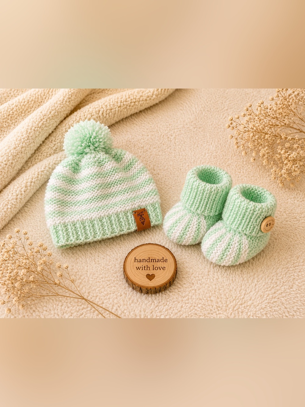 Handmade Baby Knit Hat & Booties - Mint Green and White